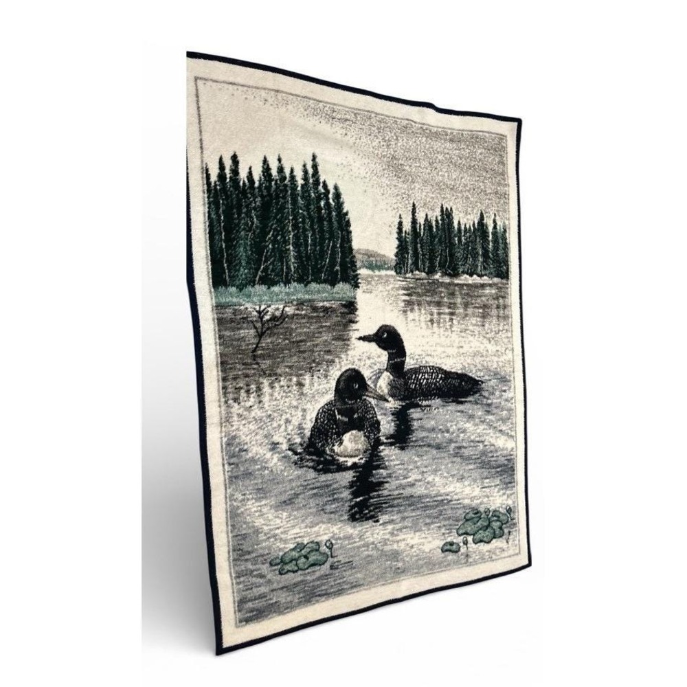 Vintage Biederlack of America Loon Lake Fleece Blanket Green Navy Blue Cabin USA
